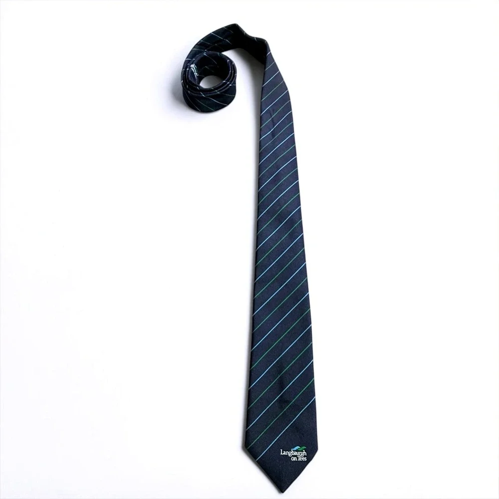 M.&C. McDade Glasgow Mens Tie Navy Blue Green Striped Langbaurgh on Tees Logo